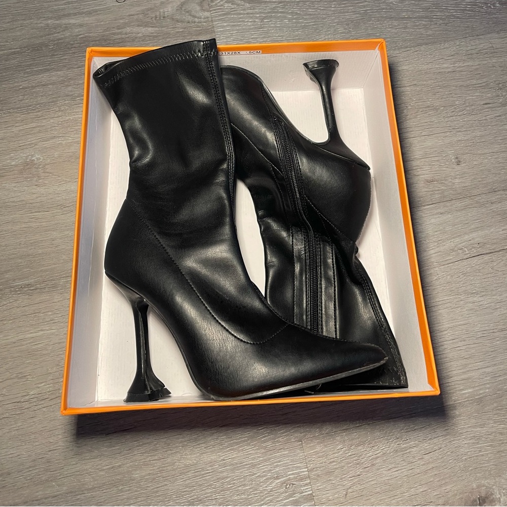 Black Faux Leather Heeled Booties